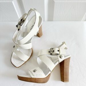 Nine West White Strappy Block Heel Sandals with Buckle